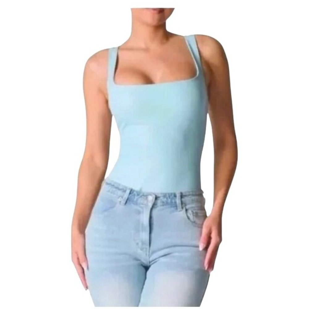 naked wardrobe Pastel Blue Square Neck Ribbed Bodysuit